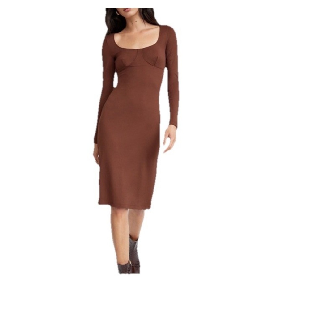 Wilfred aritzia Gwen Cognac Women's Sz XS fine ribbed bodycon Brown midi dress